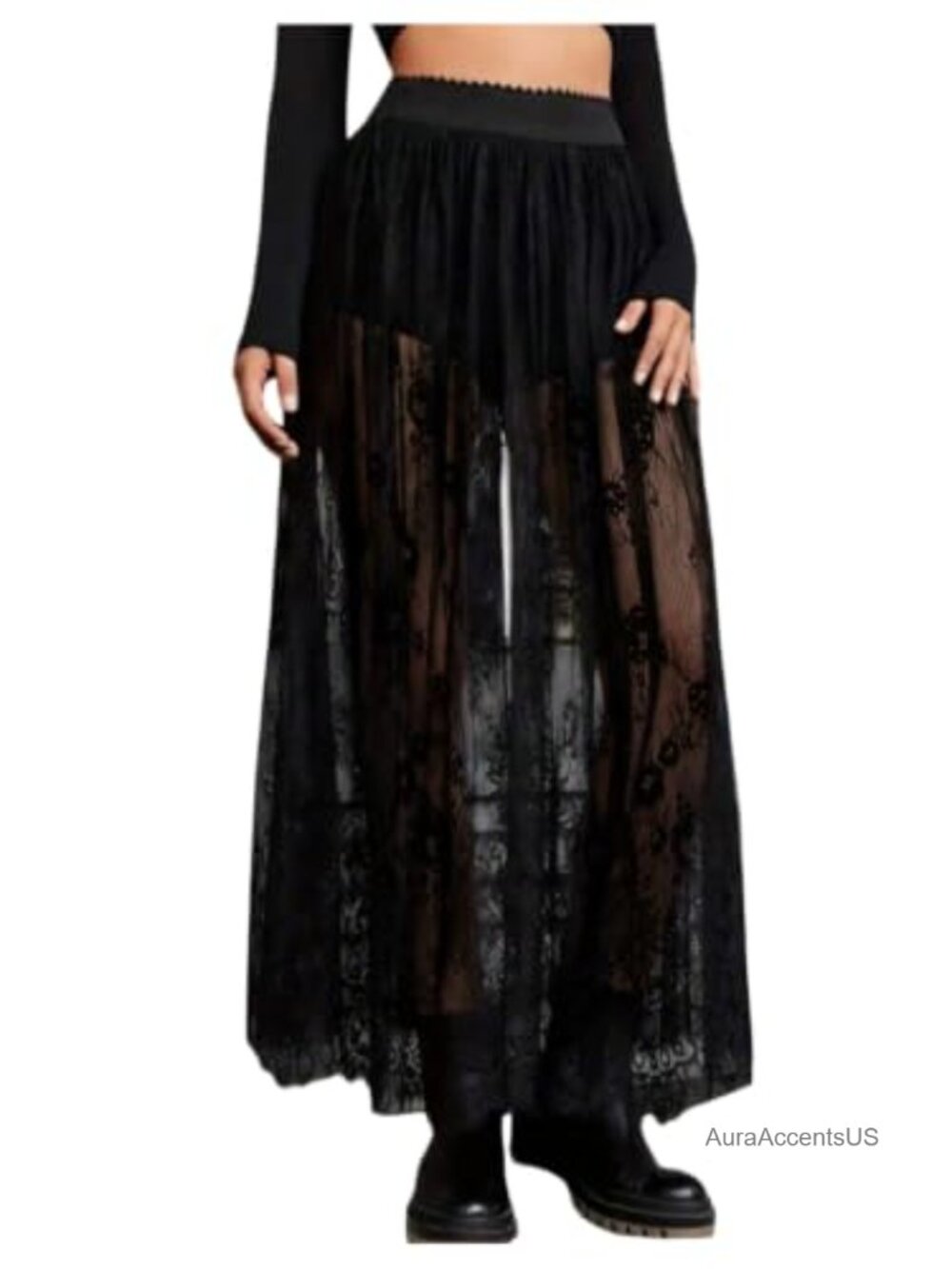 Sheer Floral Lace Maxi Skirt with Underskirt High Waisted Elastic Pull On